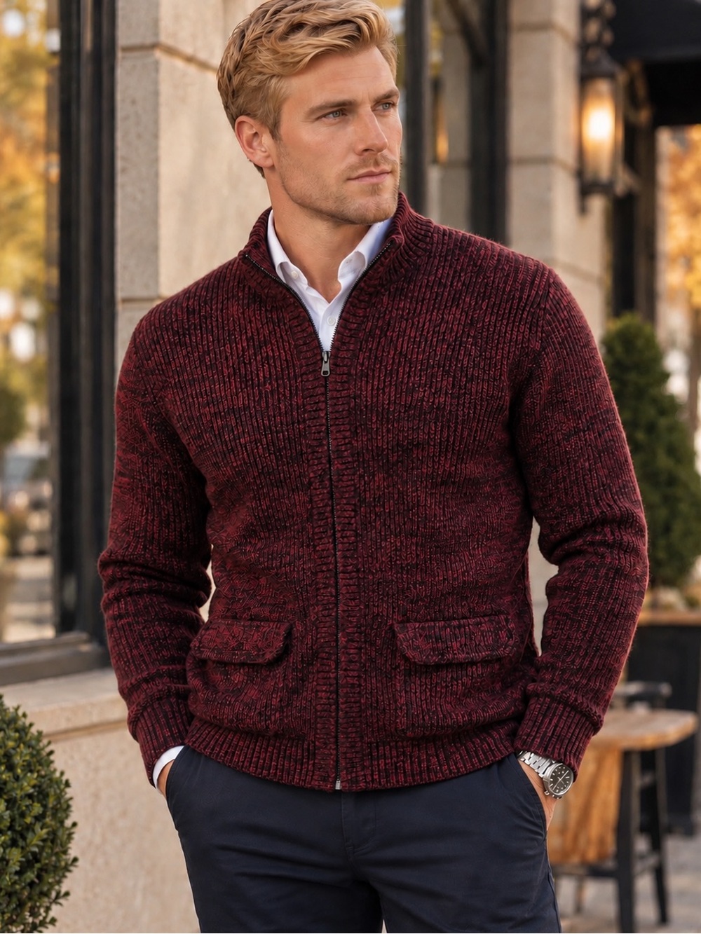 Alfani Men’s M Full Zip Cardigan Sweater Burgundy Marled Knit NWT